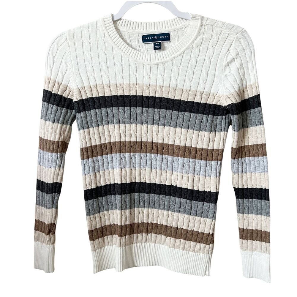 Karen Scott Sweater Womens Size PP Ivory Beige Stripes Cable Knit Crew Neck New